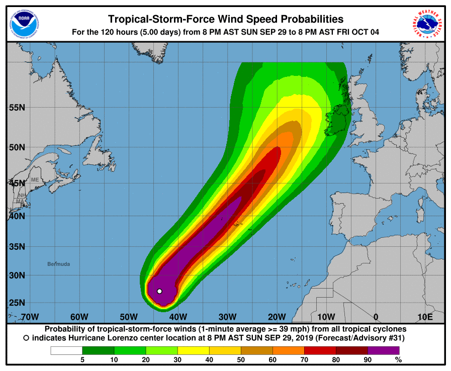 Trayectoria del huracán Lorenzo