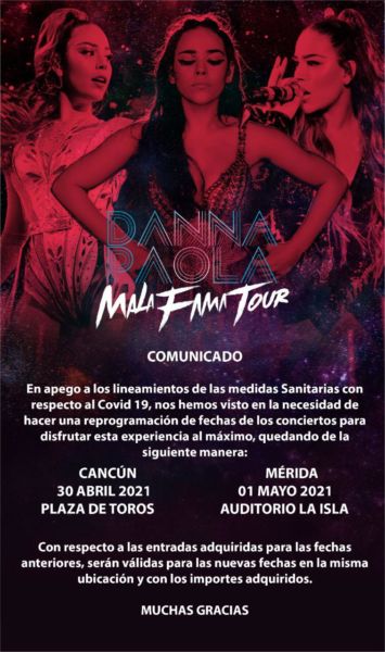 Conciertos de Danna Paola en Cancún y Mérida hasta el 2021