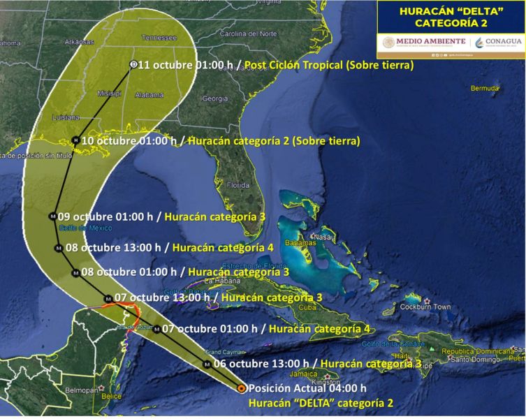 Trayectoria del Huracán Delta categoría 2 ¿Cuándo impactará a Cancún?