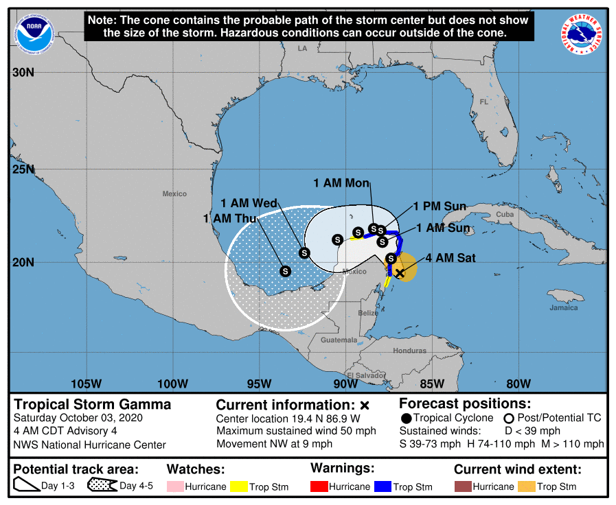 Trayectoria de la Tormenta Gamma para hoy sábado