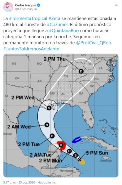 Actualización: Zeta llegará como huracán a Quintana Roo mañana