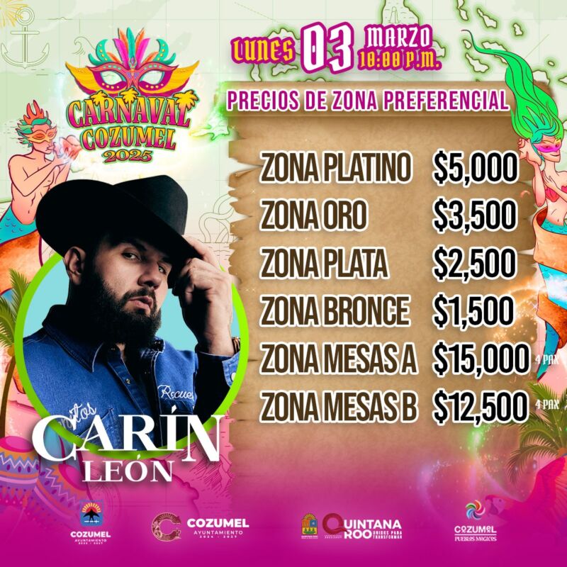 Precios para el concierto de Carin León en el Carnaval de Cozumel 2025