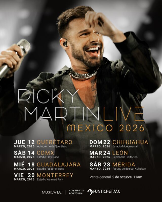 Ricky Martin en Mérida: el ícono latino llegará al Parque Kukulcán el 28 de marzo de 2026