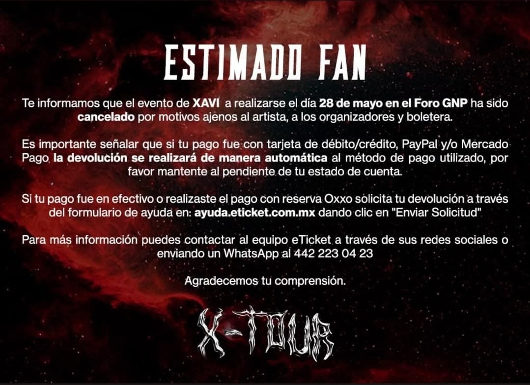 Cancelan concierto de Xavi en el Foro GNP de Mérida; anuncian reembolsos automáticos